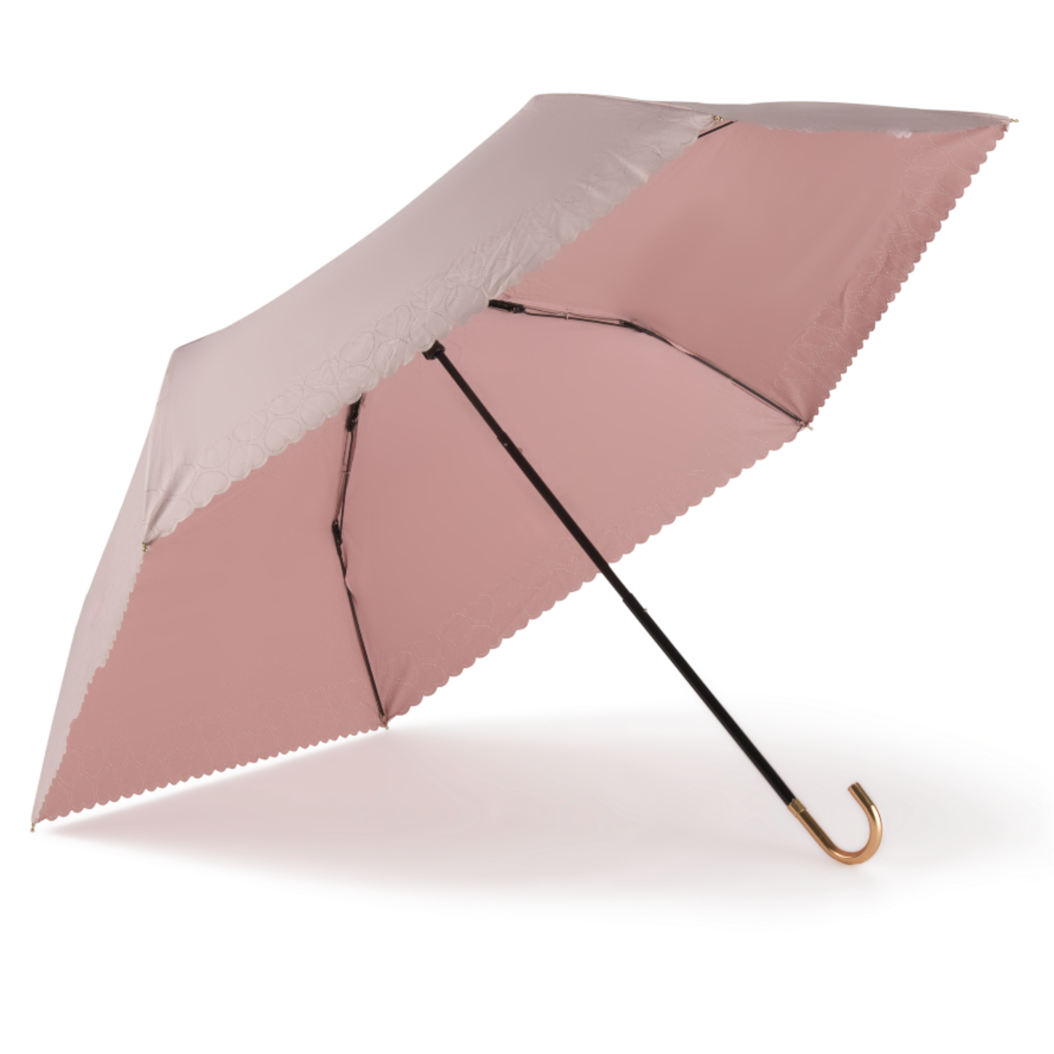 Sunbarry Romantic Breezer UV parasol in Blush Rose – open, gold handle, heart trim#Color_Blush Rosé