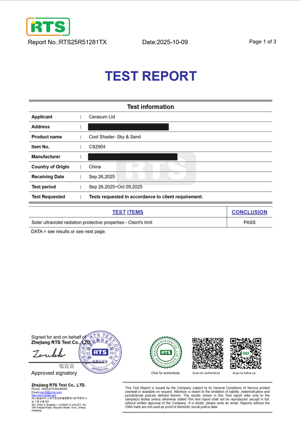 Test report RTS25R51281TX page 1 for the Sunbarry UV umbrella Cool Shader, supplier data redacted