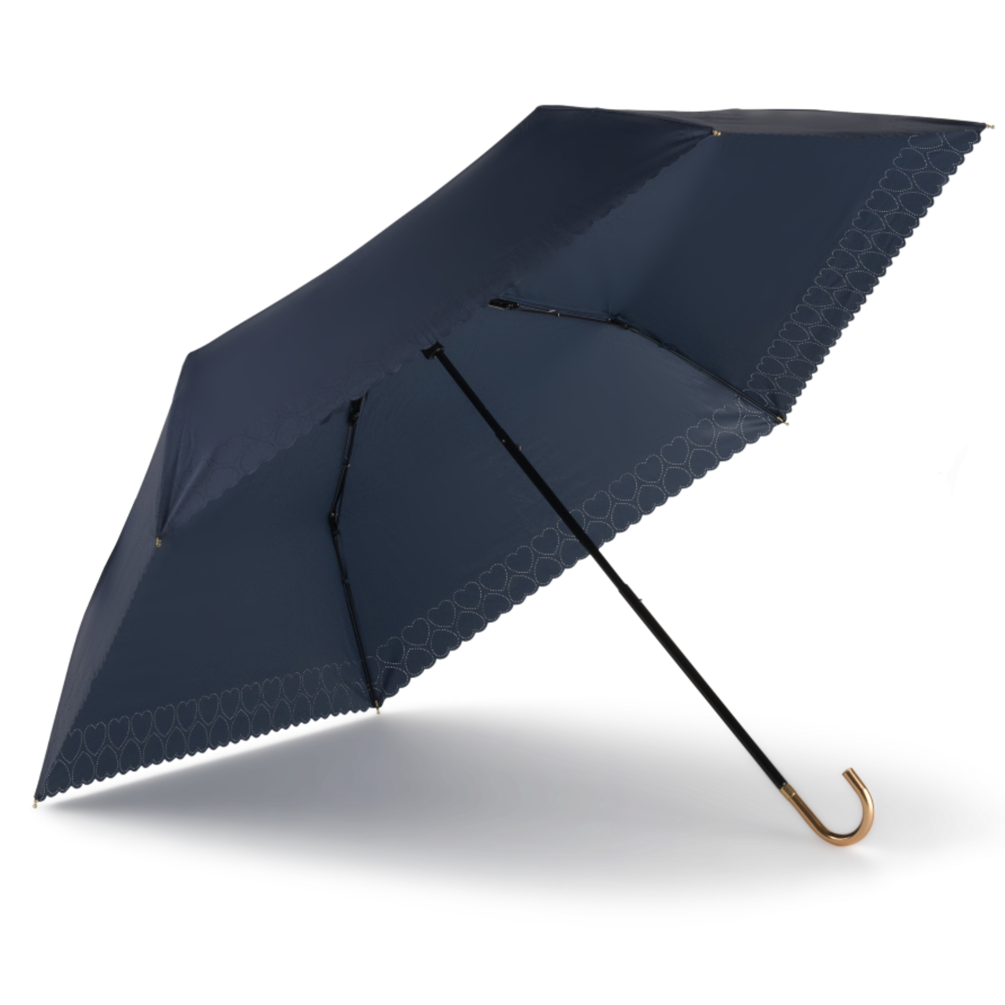 Sunbarry Romantic Breezer UV parasol in Midnight Blue – open, gold handle, heart trim#Color_Midnight Blue