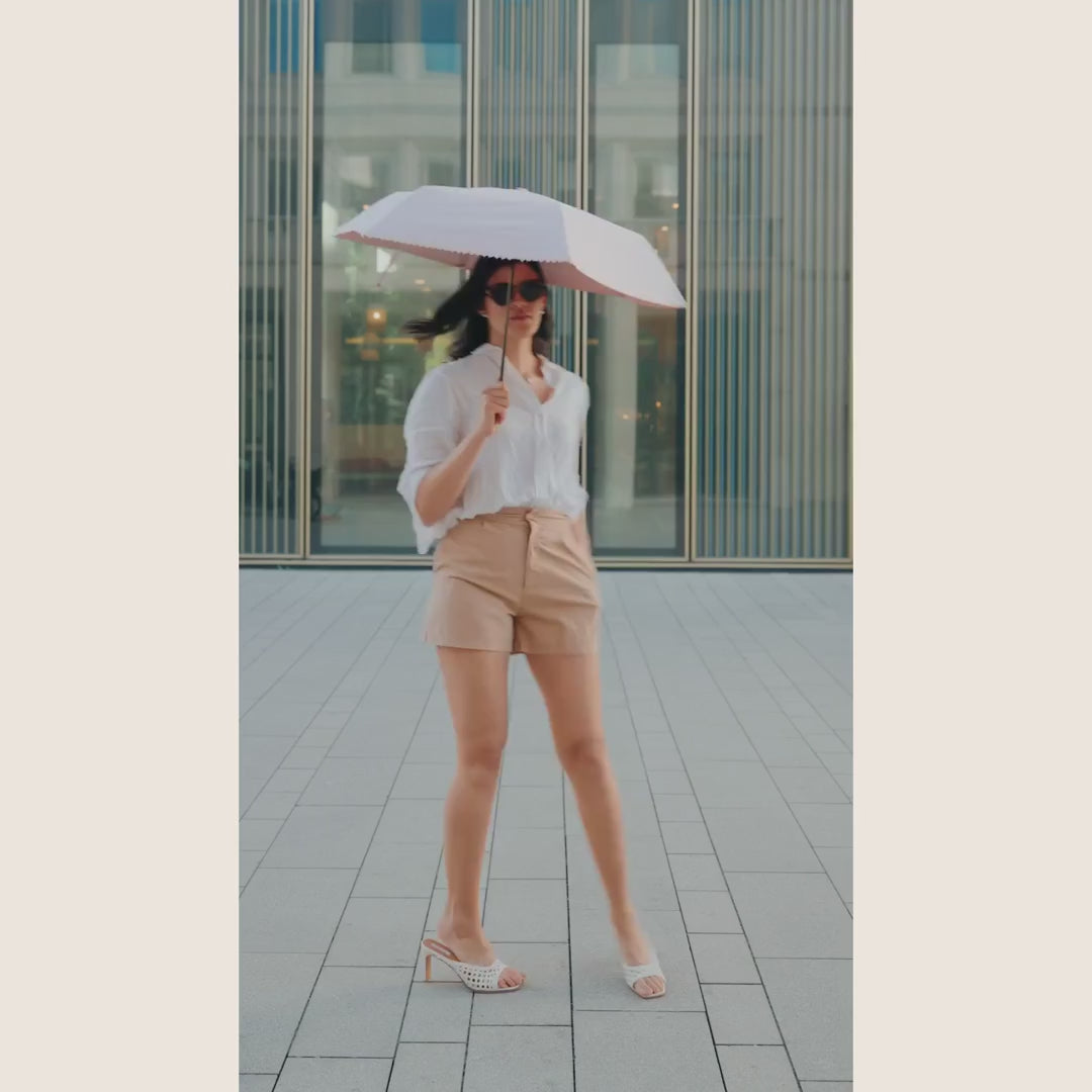 Sunbarry Romantic Breezer UV umbrella lifestyle video – heart trim and gold handle, certified UPF 50+#Color_Midnight Blue