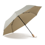 Sunbarry Cool Shader UV parasol in Desert Taupe – open, wooden handle, taupe-cream two-tone